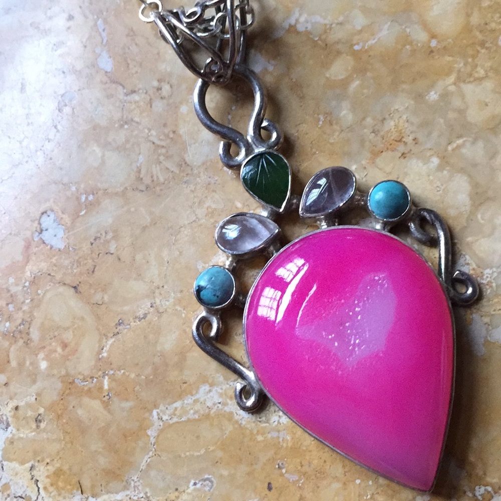 925silver/pink druzy/crystal quartz/turquoise/jade